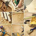 Zimmermannswerkzeuge, collage Holzplanken