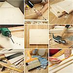 Carpentry tools, wood planks collage