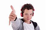 happy young man with red headphones, and thumb up, isolated on white background, studio session
