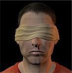 Tortured blindfolded man with bleeding nose. 3d illustration.