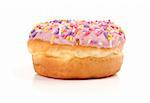 Pink Iced Donut covered in sprinkles isolated against white background