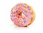 Pink Iced Doughnut covered in sprinkles isolated over white background