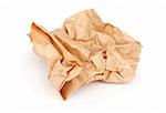Piece of crumpled brown packaging paper isolated on white background