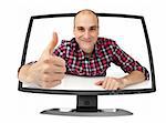happy young man showing his thumb up in the computer monitor