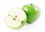 Green ripe apple and half isolated on white background