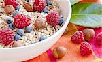 Oat nuts with fresh blueberries and raspberries and hazelnuts