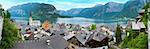 Beautiful summer Alpine Hallstatt Town and lake Hallstatter See view (Austria, view from underground tunnel parking). Three shots stitch image.