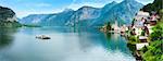 Beautiful summer Alpine Hallstatt Town and lake Hallstatter See view (Austria). Two shots stitch image.