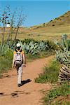 Woman hiking along a sandy trail in spring landscape