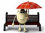 Worring puppet hide itself under umbrella from rain