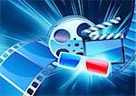 Vector illustration of blue abstract cinema background with anaglyph glasses, clapperboard and a film reel