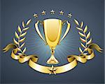 Vector illustration of golden trophy with laurel wreath and ribbon badge to put a text