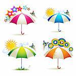 Colored umbrellas with stars, circles, sun and butterflies over white background