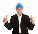 Portrait of successful architect wearing blue hard hat. Isolated on white