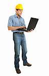 Confident worker wearing hard hat and using laptop. Isolated on white