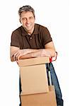 Delivery man with hand truck and stack of boxes. Isolated on white