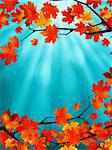 Red and yellow leaves against a bright blue sky. Bokeh effect. EPS 8 vector file included