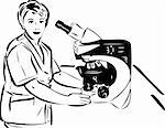 sketch of a woman in the lab next to the microscope