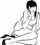 a sketch of a seated girl talking on phone