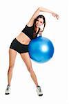 Fitness woman posing with fitness ball. Isolated on white