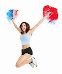 Cheerleader girl jumping with pom poms. Isolated on white