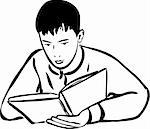 a sketch boy reading a book outline