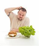 Hard diet choices concept with overweight man scratching his head - healthy or unhealthy