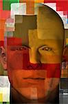 Man portrait with colorful squares abstract modern artistic pattern. 3d illustration.