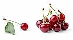 Ripe cherries group and single cherry with leaf on white background