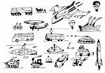 hand drawn transportation icons isolated on the white background