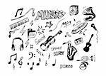 hand drawn music objects isolated on the white background