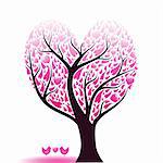 Beautiful abstract love tree with hearts and birds