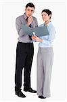 Office workers holding a binder against a white background