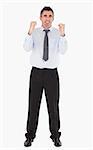 Cheerful businessman with the fists up against a white background