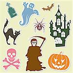 Big Halloween collection sticker with bat, pumpkin, ghost, element for design, vector illustration