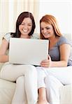Cute young women sitting on a sofa with a laptop in a living room