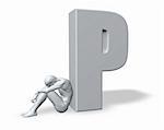 sitting man leans on uppercase letter p - 3d illustration