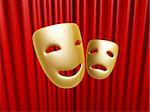 golden comedy and tragedy masks over red curtain on stage