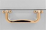 Golden handle detail of an aluminum case.