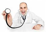 Smiling medical doctor with stethoscope. Isolated over white background