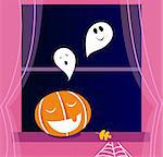 Halloween Night - Indoor scene with Holiday objects. Vector cartoon Illustration.