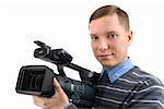 man with a videocamera isolated on a white background