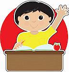 A little Asian boy is raising his hand to answer a question in school - there is a book and an apple on his desk