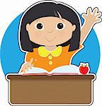 A little Asian girl is raising her hand to answer a question in school - there is a book and an apple on her desk