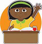 A little Black girl is raising her hand to answer a question in school - there is a book and an apple on her desk