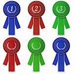 Set of six differently colored award ribbons isolated over white background