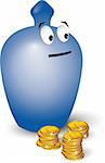 A funny blue moneybox smiling, with shiny euro coins on white background