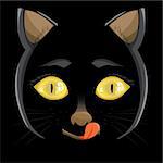 Vector illustration. head of a black cat with yellow eyes on a black background