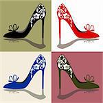 Silhouettes of womens shoes, high heels with ornaments, vector illustration