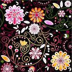 Seamless dark floral pattern with vivid flowers and curls (vector)